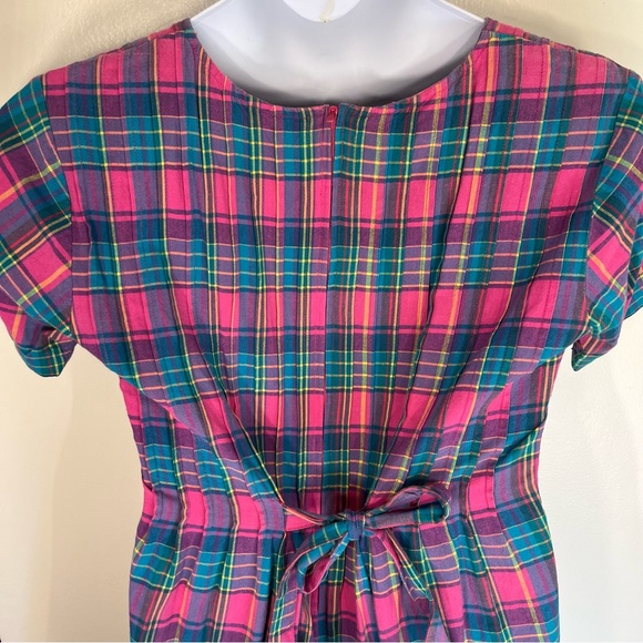 Vintage 90s Pleated Plaid Midi Dress Short Sleeves High Low Pink Blue - Picture 7 of 12